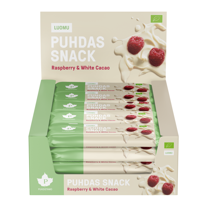 Puhdistamo Puhdas Snack -patukka, Raspberry & White Cacao, Luomu 20 x 40 g