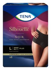 TENA SILHOUETTE PLUS NOIR L INKOHOUSUT NAISILLE, MUSTA, KORKEA VYÖTÄRÖ 8 KPL